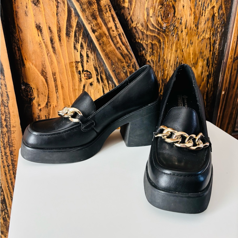 Call It Spring Black Loafers with Gold Chain